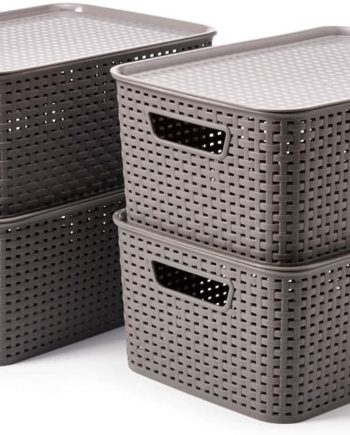 EZOWare Pack of 4 Large Plastic Baskets with Lid, Stackable Lidded Knit Storage Organizer