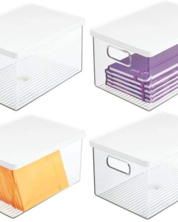 mDesign Plastic Stackable Storage Desk Organizer Bin Box with Handles, Lid for Home Office