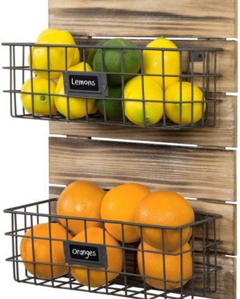 MyGift Rustic Wood & Metal Wire Wall-Mounted Storage Basket Rack