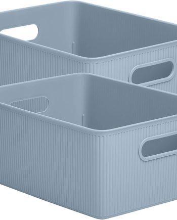 Superio Ribbed Plastic Storage Basket Organizer- 2 Pack,- Stackable Closet Storage Bin for Shelf