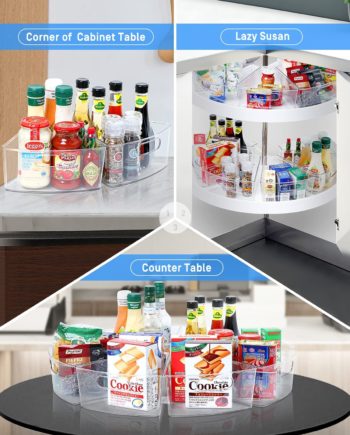 JEISSLIA Lazy Susan Cabinet Organizer Bins, 10.2" x 9.4" x 4" Clear Plastic Kitchen Cabinet Storage