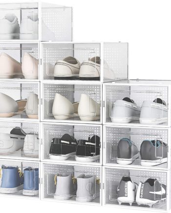 Azadx Clear Shoe Boxes Plastic Storage Bins with White Frame, 12 Pack Stackable Storage Containers with Lids
