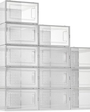 12 Pack Shoe Storage Boxes, Clear Plastic Stackable Shoe Organizer Bins, Drawer Type Front Opening Shoe Holder Containers